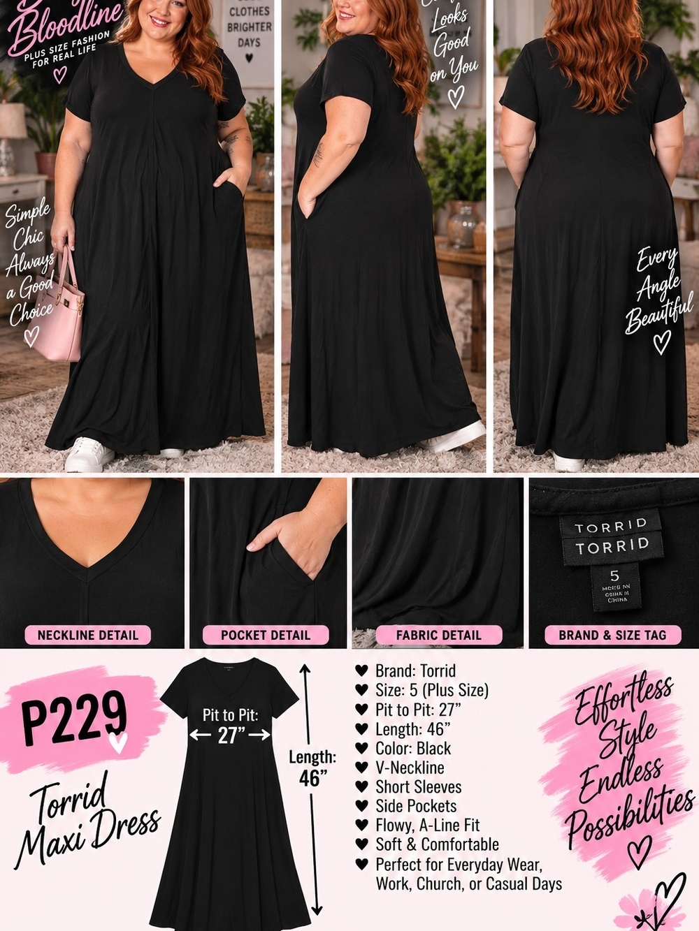 🖤 P229 – Torrid Essential Black Maxi Dress